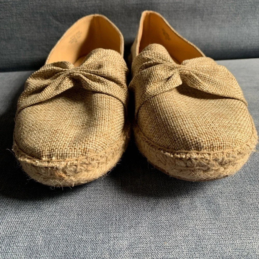 Talbots Womens Izzy Cinched Bow Tan Linen Espadrille Slip On Dressy Flats 8